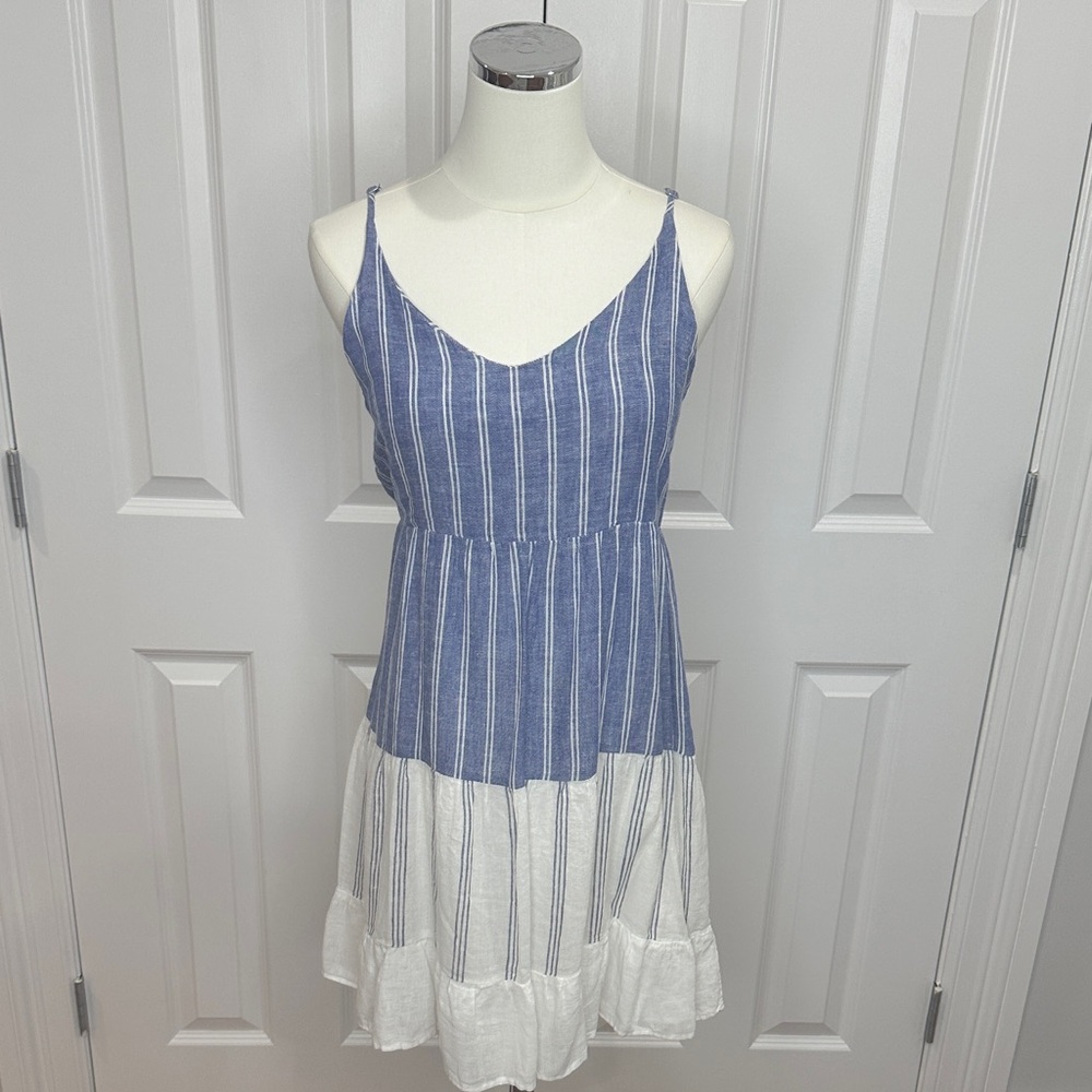 Rails Mattie Linen Tiered Blue White Striped Boho Coastal Mini Dress Size XS